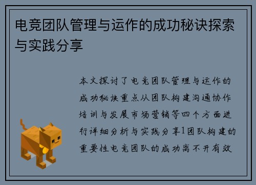 电竞团队管理与运作的成功秘诀探索与实践分享